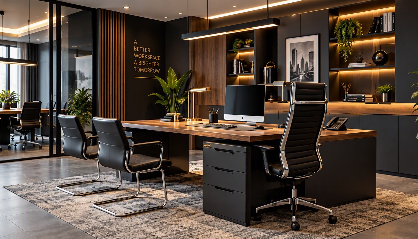 Completed modern office with furniture, computers and workplace accessories